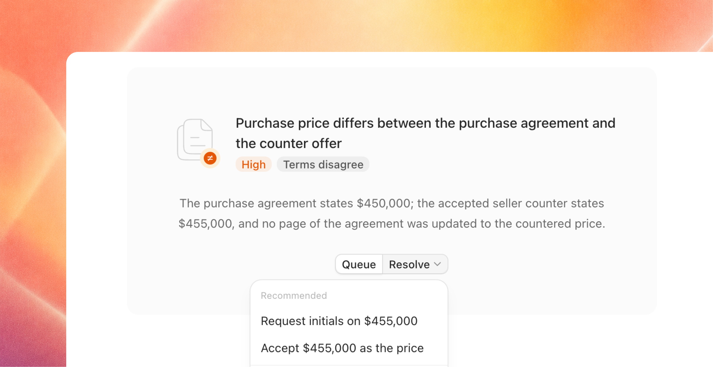 High-priority purchase price mismatch alert with resolve options open