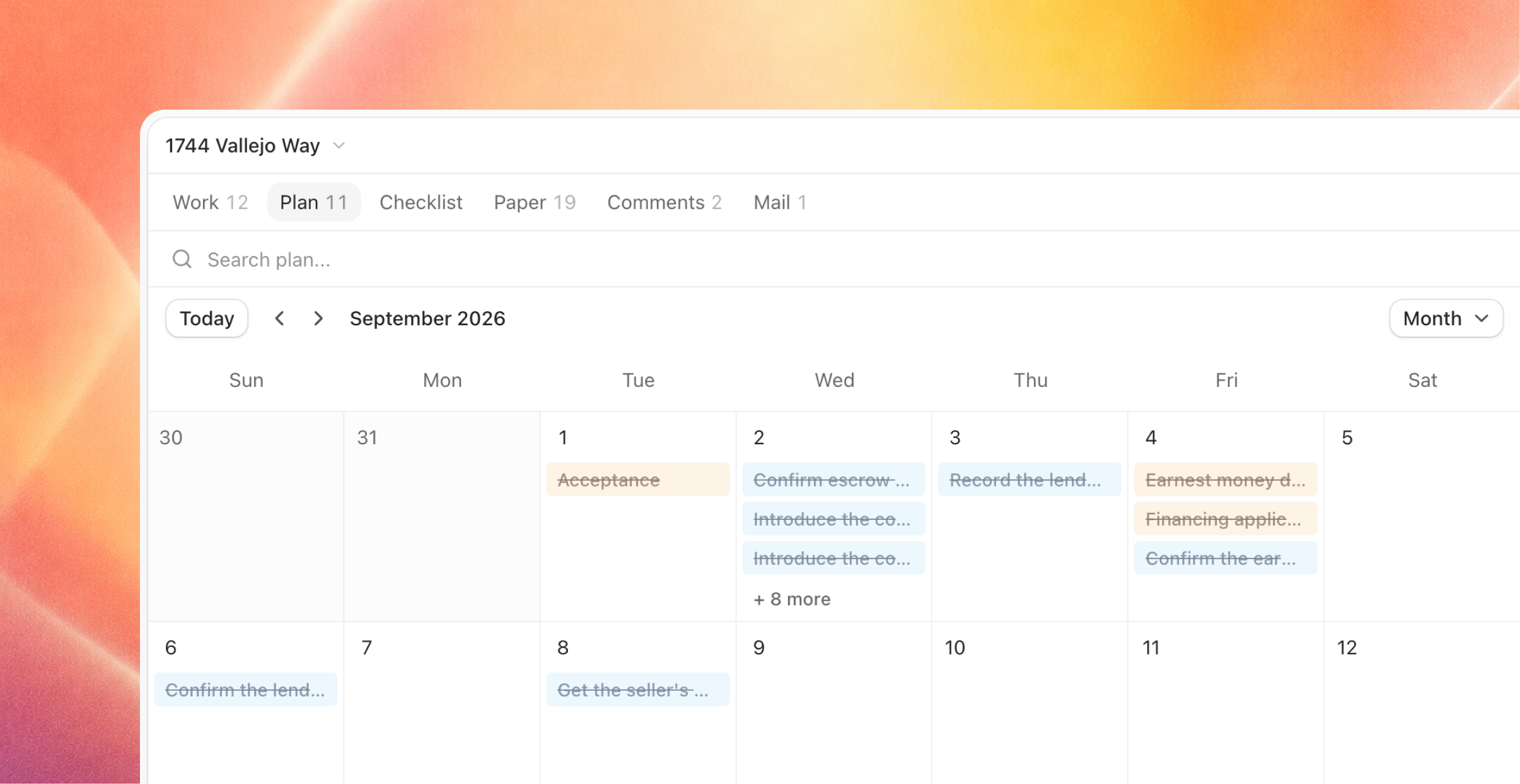 Plan calendar for 1744 Vallejo Way showing September 2026 tasks