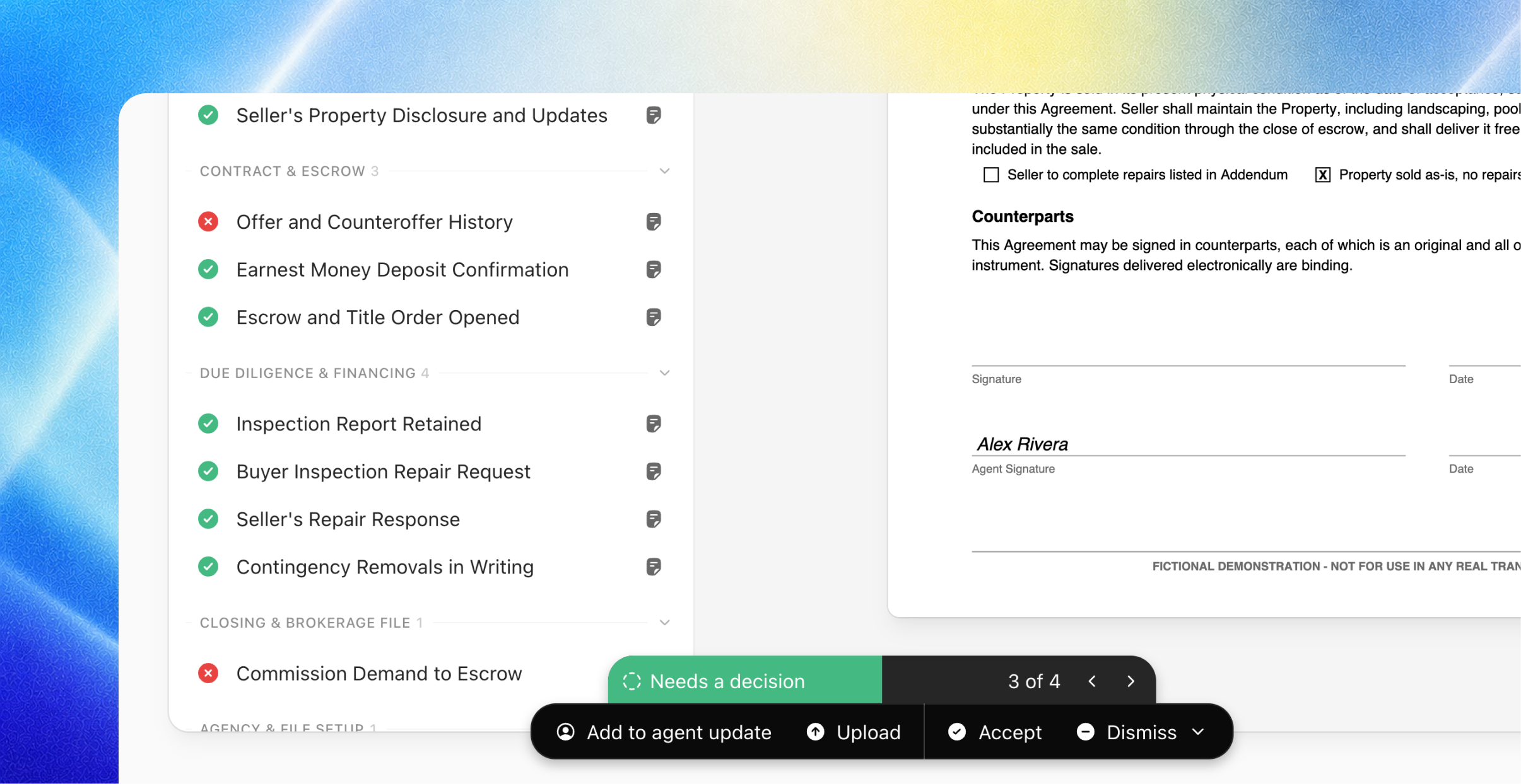 Transaction checklist beside a contract page, with a Needs a decision bar offering Add to agent update, Upload, Accept and Di