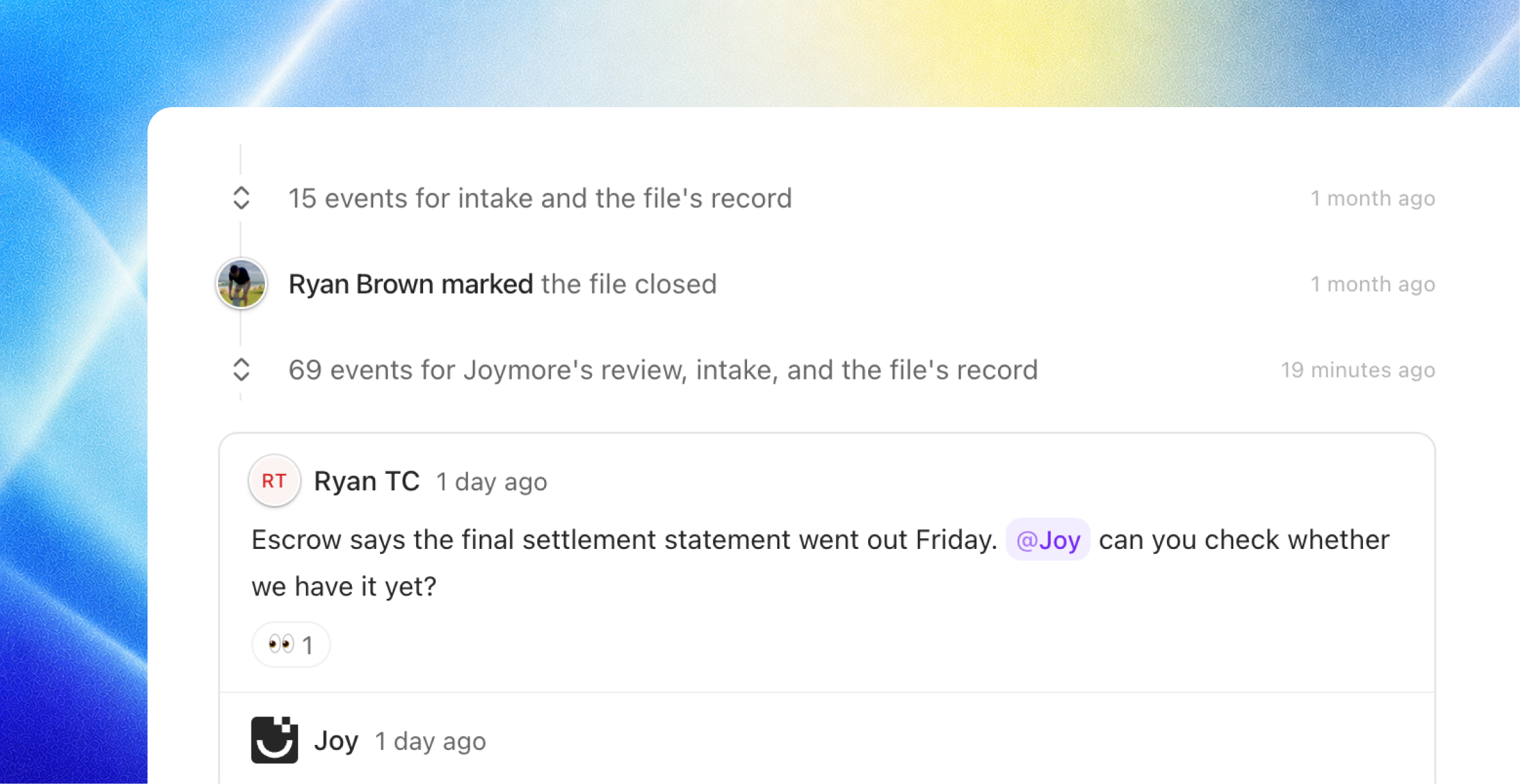 File activity timeline with event groups and a comment about a final settlement statement