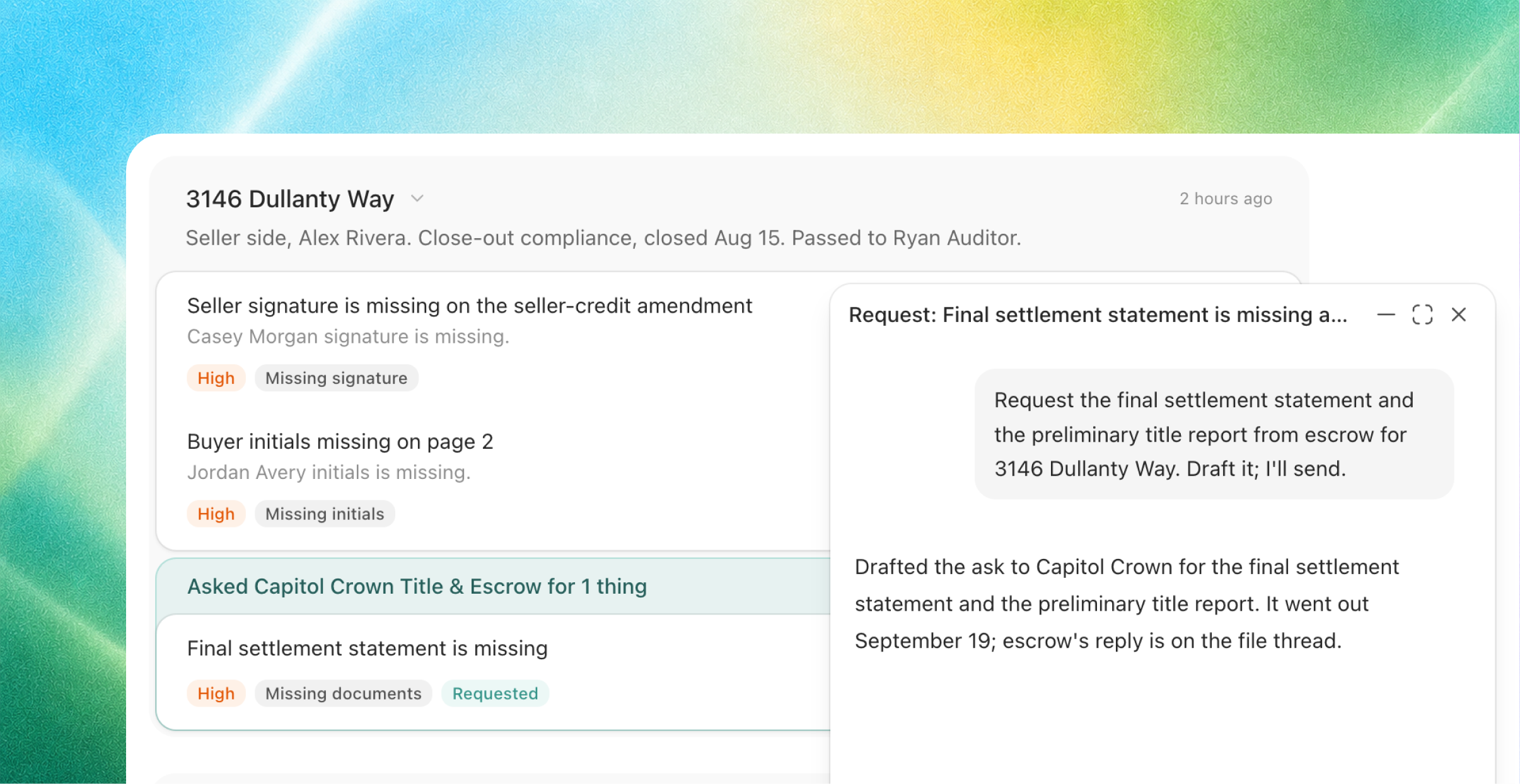 Property compliance task list with a request panel for missing settlement documents