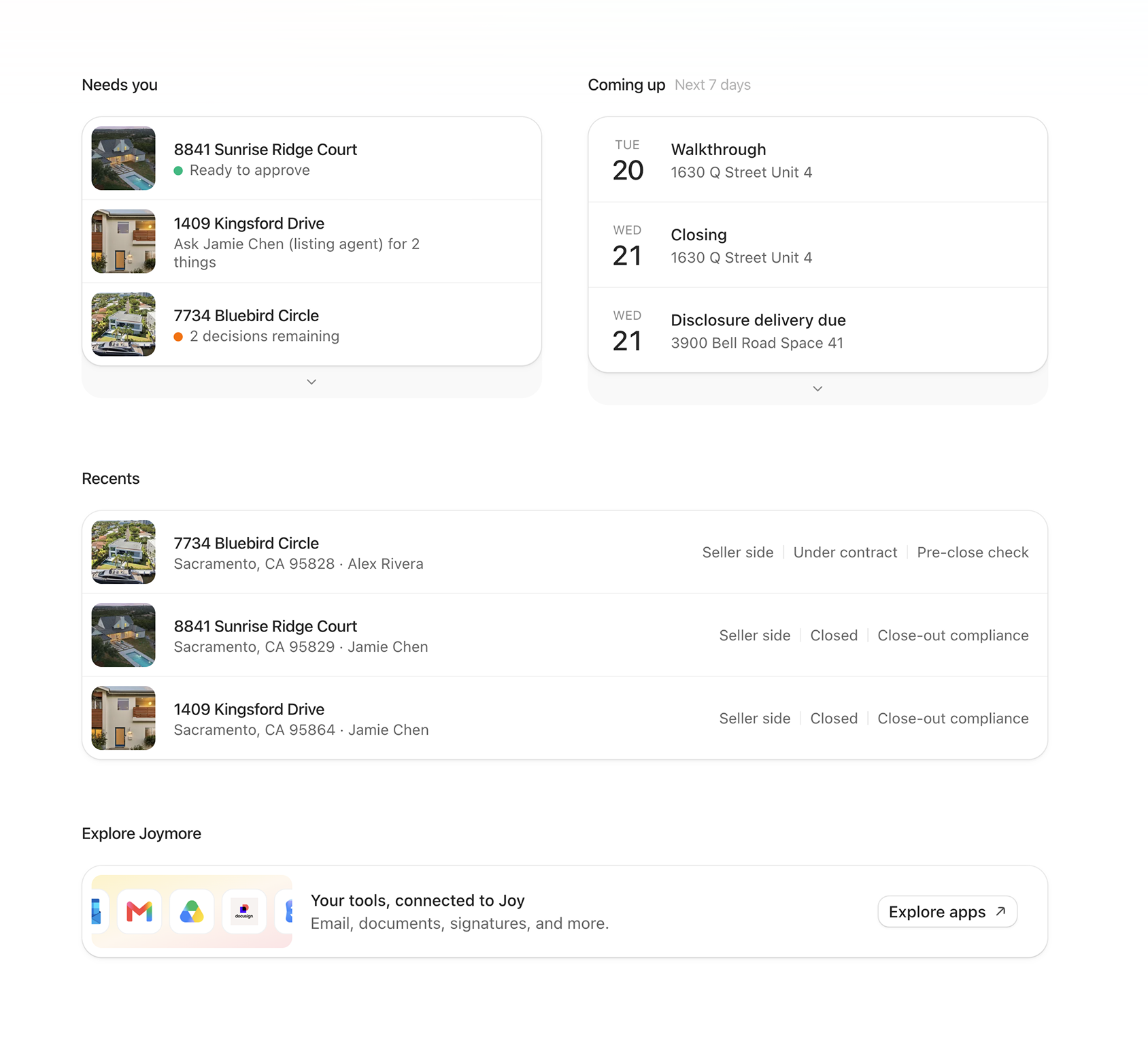 Joymore home screen with Needs you, Coming up, Recents and Explore Joymore sections for real estate listings