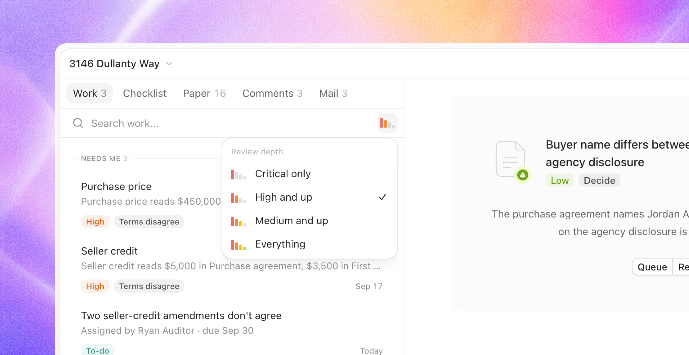 Work queue for 3146 Dullanty Way with the Review depth menu open