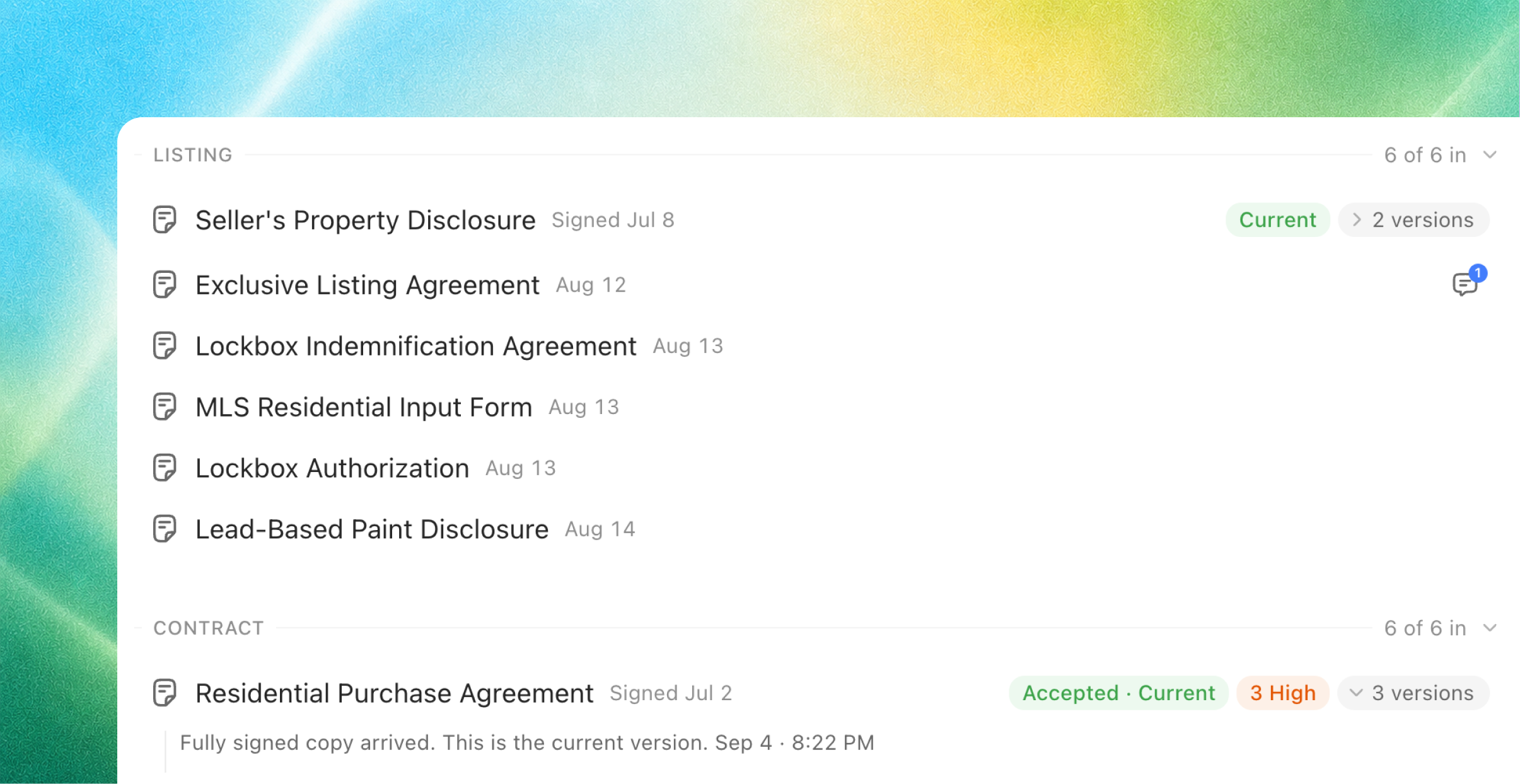 Listing and contract documents with signing status, versions, and a contract update